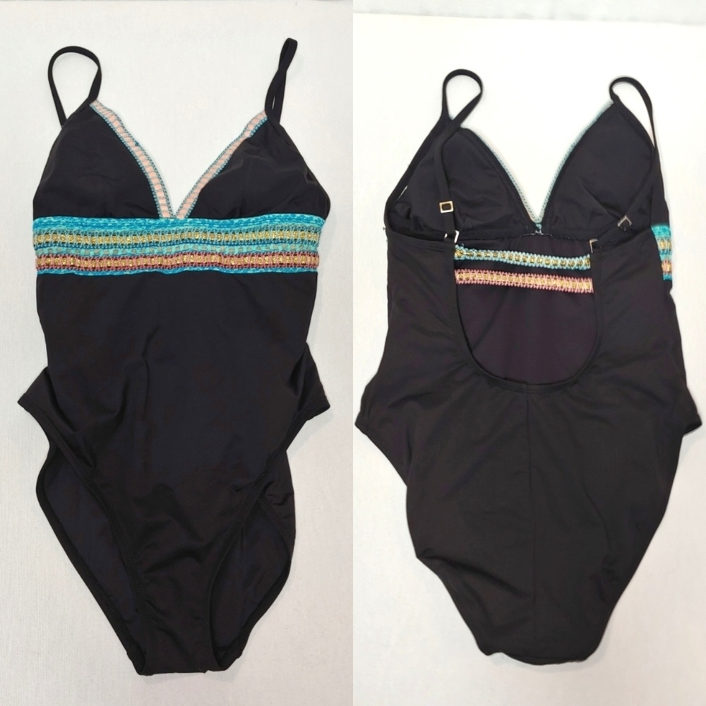 La Blanca Running Stitch One Piece Swimsuit Metallic Black Pink Green Vneck 4‎ 6
